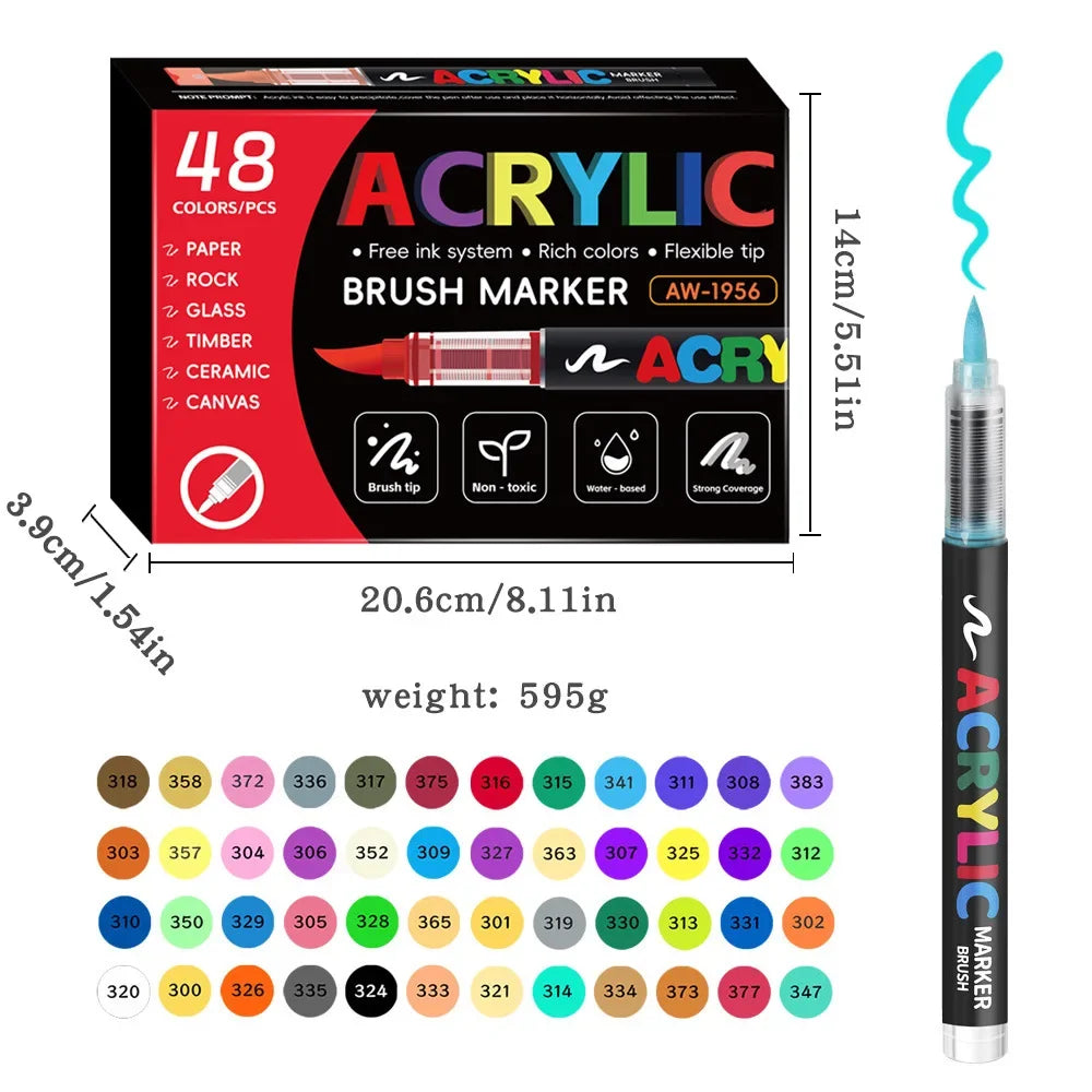 Conjunto de canetas marcadoras acrílicas coloridas, 12 a 48 cores, à prova d'água, para scrapbook, faça você mesmo, ponta de pincel, desenho, tinta, marcador, arte, material escolar, papelaria
