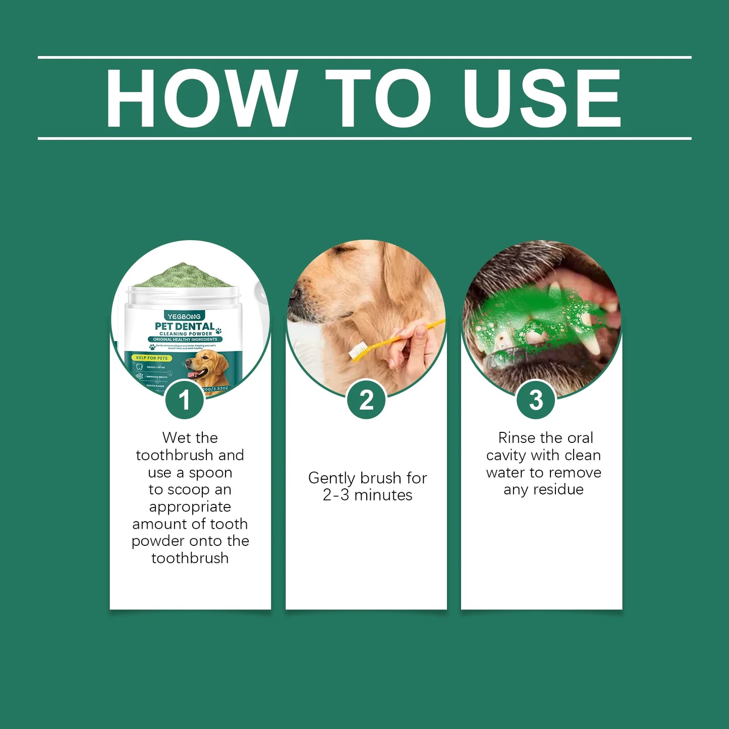 Pó de limpeza para dentes de animais de estimação para cães, reduz tártaro e cálculo, protege a saúde da gengiva do cão e refresca o hálito. Produtos de limpeza para cães