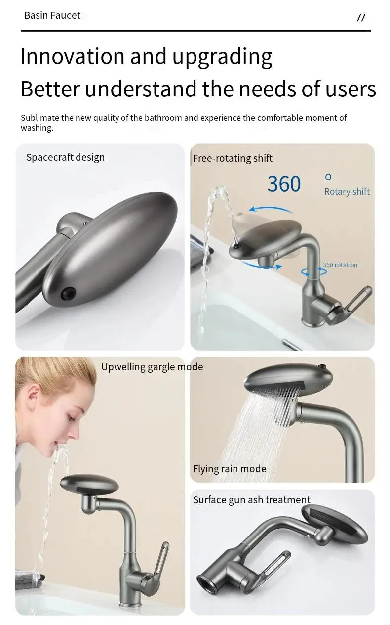Torneira multifuncional para cascata, 4 modos de saída de água, torneira de água quente, rotação 360°, água quente e fria, névoa
