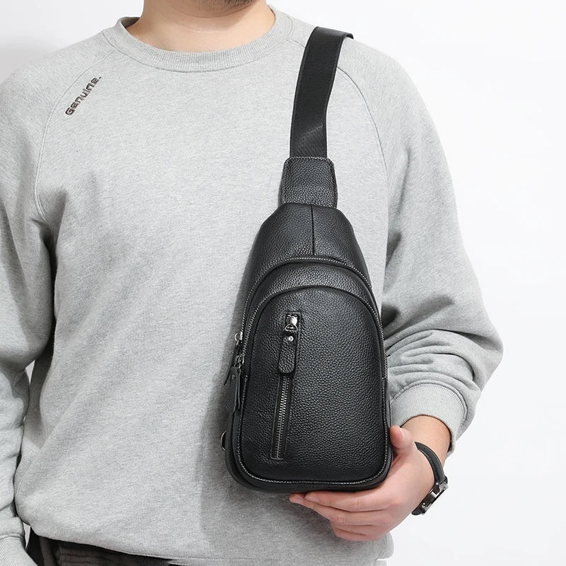 Bolsa de peito masculina 100% couro legítimo, bolsa de ombro masculina, bolsa mensageiro, bolsa transversal casual, bolsa de mão da moda masculina