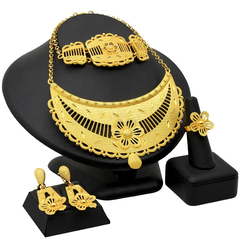 Conjunto de 4 peças banhadas a ouro para noivas, colar, brincos, anel, pulseiras, joias indianas femininas