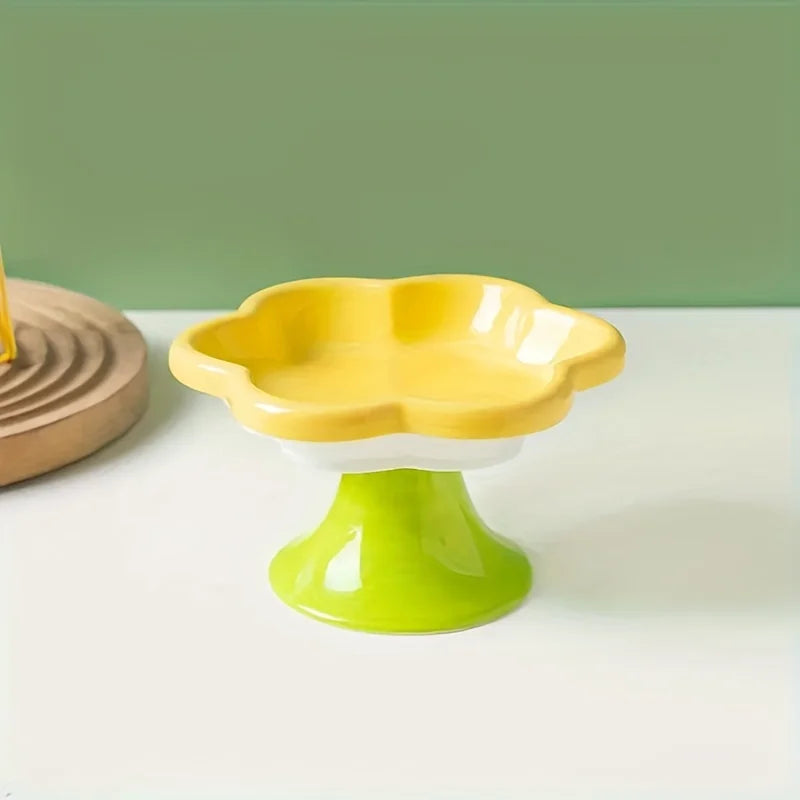 Tigela de cerâmica para animais de estimação com design de flores, tigela para comida de gato, prato de água com pé alto, prato para lanche com suporte para proteção do pescoço, água potável