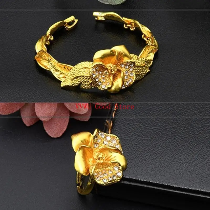 Conjunto de joias florais com strass dourados resistentes, acessório de moda portátil para noivas e festas noturnas