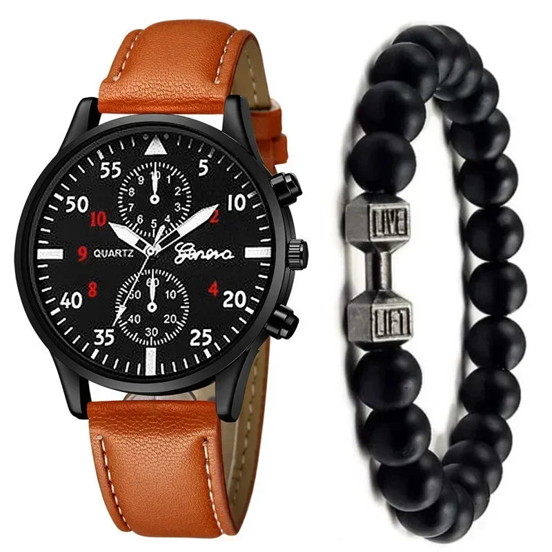 Conjunto de relógios esportivos masculinos 4/2/1 peças, relógio de pulso de quartzo luxuoso com pulseira de couro marrom, relógio casual masculino (sem caixa)