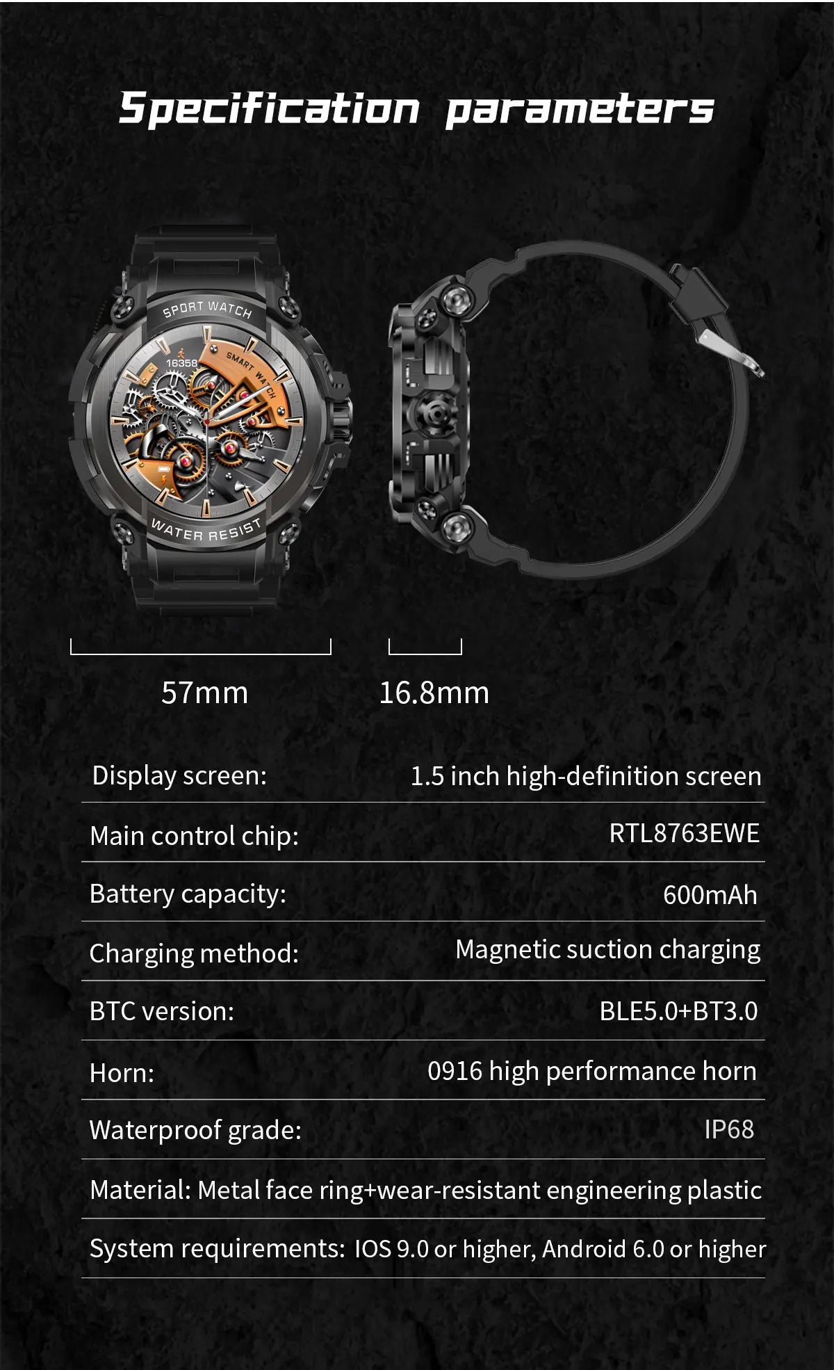 Novo Smartwatch Masculino 2025 com Tela HD de 1,5" e Chamadas Militares, IP68 à Prova D'água, 100 Modos Esportivos, com Bateria Grande de 600mAh