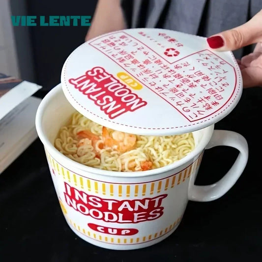 1 tigela de cerâmica de grande capacidade para macarrão instantâneo com tampa, perfeita para dormitórios e cozinhas domésticas - mantenha seu macarrão fresco e aquecido