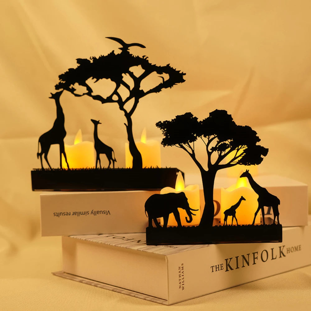 Recipiente para velas de animais 3D, silhueta, suporte de metal, ferro, veado, elefante, girafa, decoração para mesa de casa, adereços, kit de presente