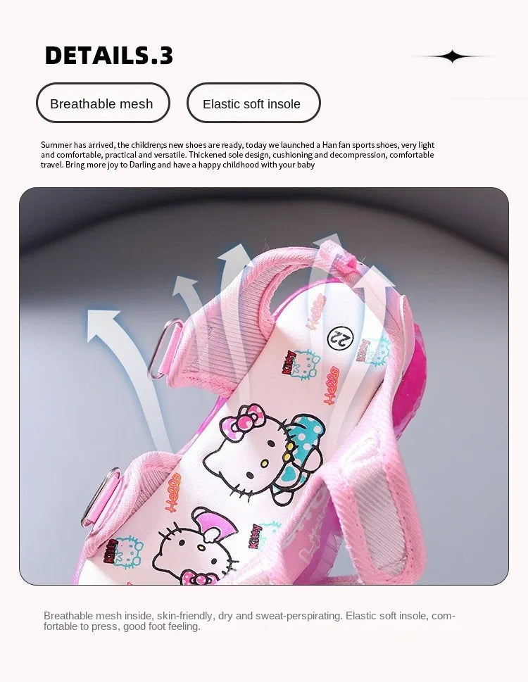 Sandálias infantis com luz LED para bebês meninas, sapatos casuais fofos da Hello Kitty para crianças, calçados antiderrapantes de praia para atividades ao ar livre, verão 2025