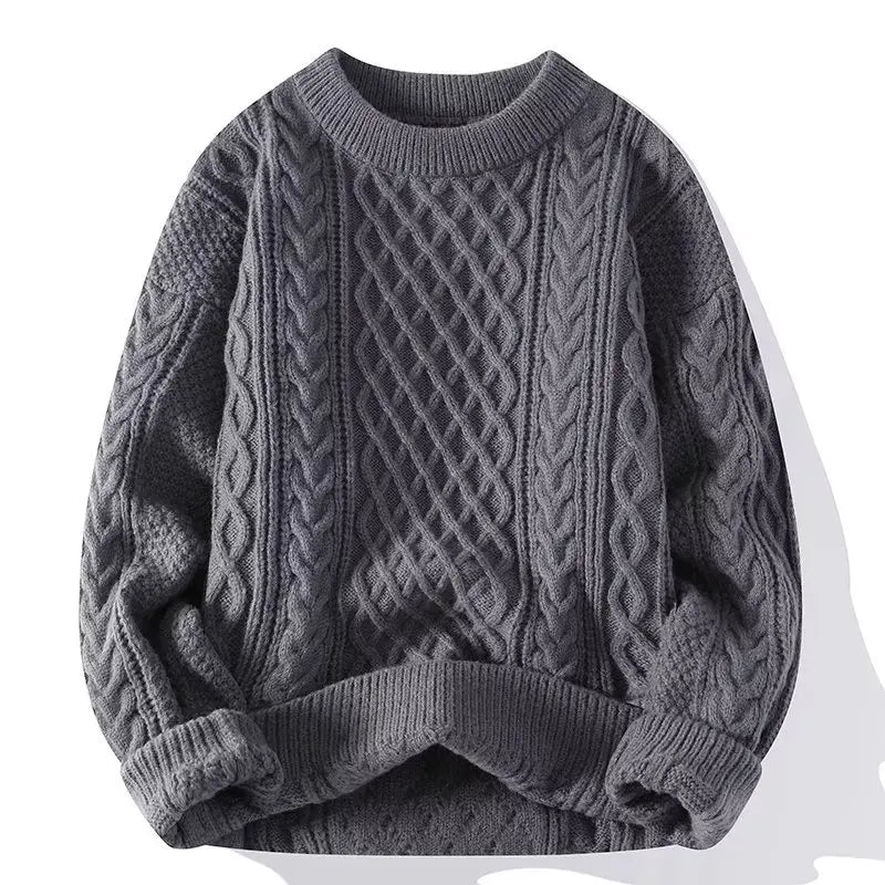 Suéter grosso de inverno masculino com gola redonda e pulôver de malha, cor sólida, manga comprida, casual, casaco quente para o dia a dia