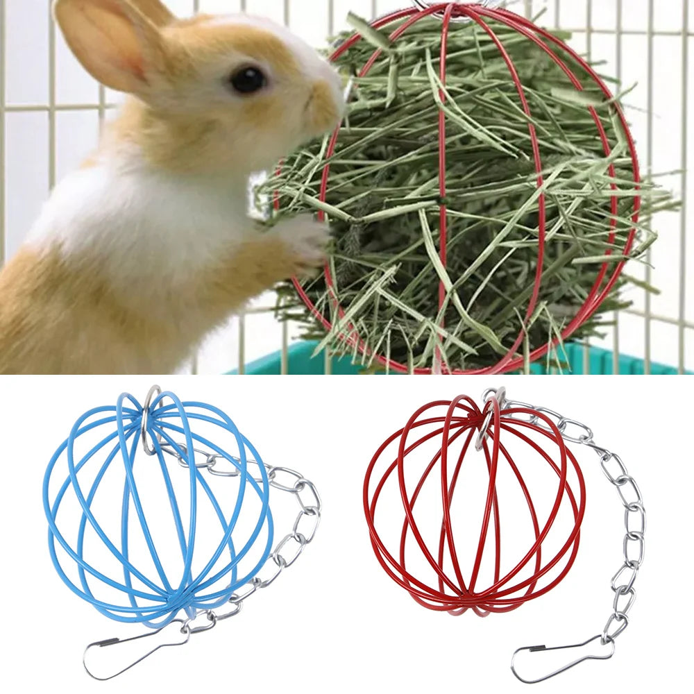 Pet Rabbit Hay Manger Food Feeder Small Metal Hamster Pet Hanging Grass Ball Rack Long Chain Round Rabbit Grass Feeding Balls