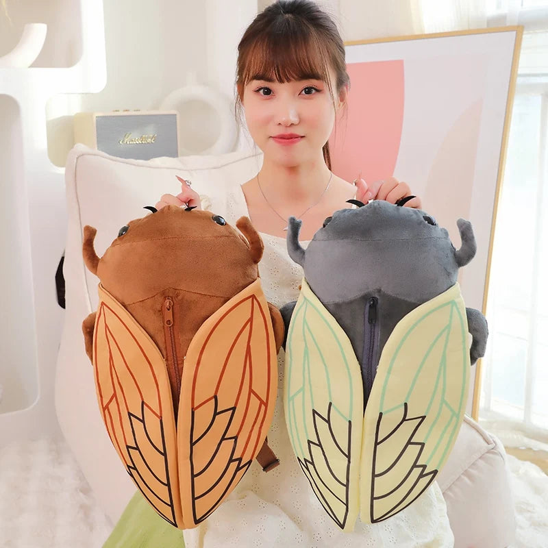 Mochila de pelúcia criativa engraçada de 45 cm, inseto, cigarra, besouro, marrom, verde, brinquedo de pelúcia macio para meninos e meninas