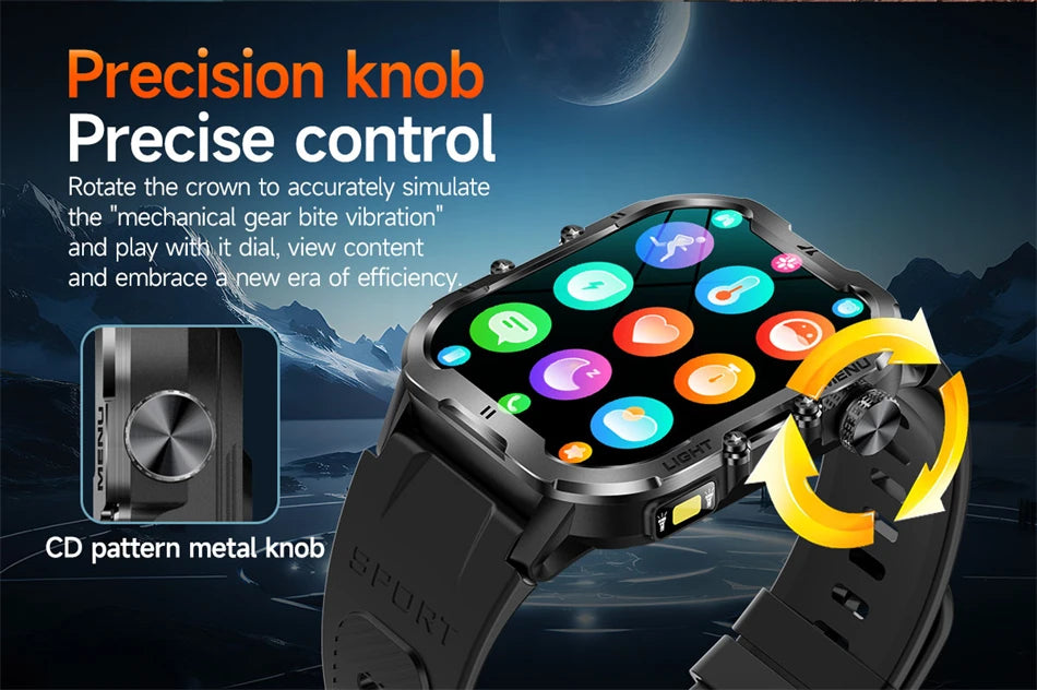 Novo relógio inteligente militar Xiaomi 2024 para homens, esportes ao ar livre, lanterna, fitness, monitor de saúde, 1,96" BT Call Smartwatch