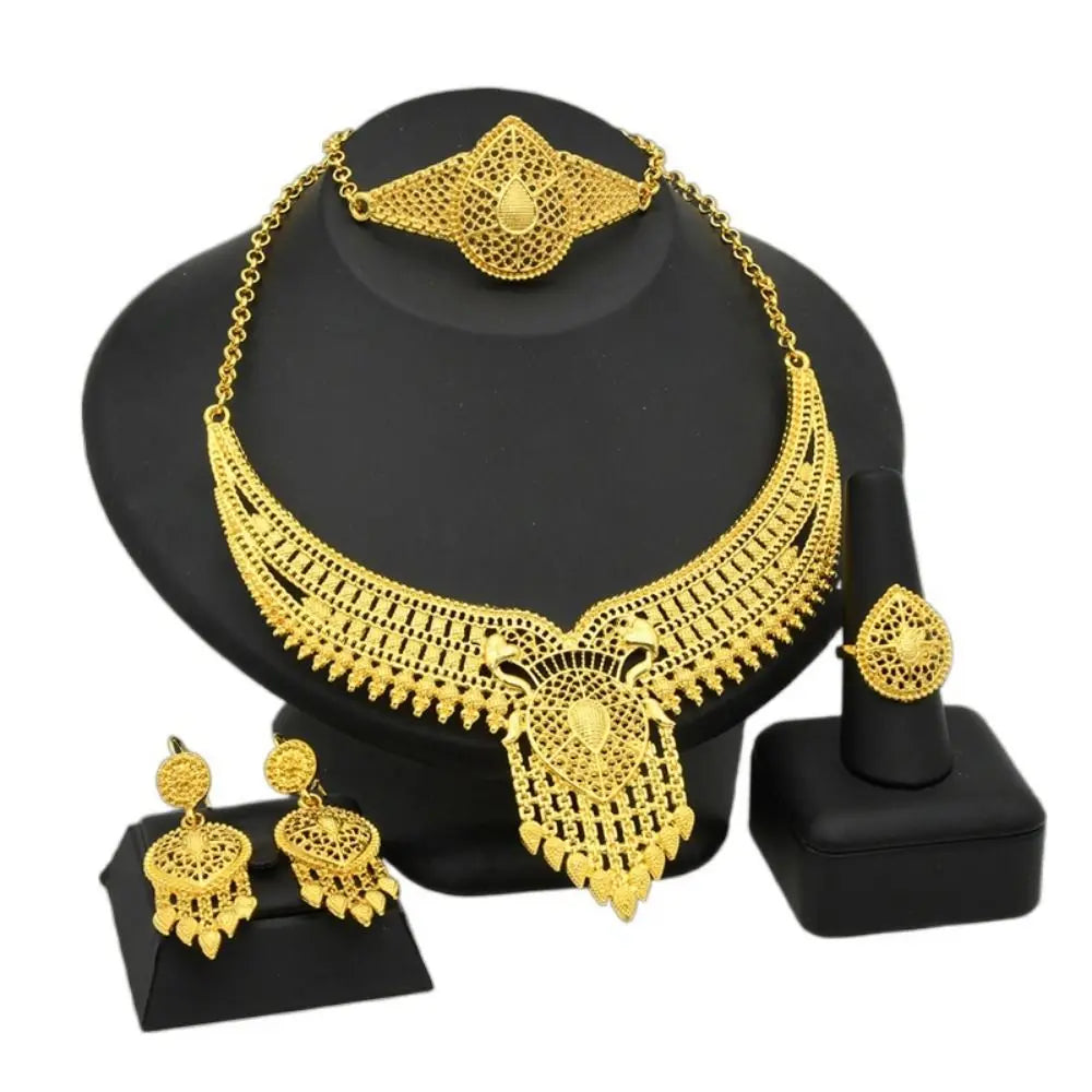 Conjunto de 4 peças de joias indianas banhadas a ouro para noivas, conjunto de colar/brincos/pulseira/anel feminino de luxo e alta qualidade, durável