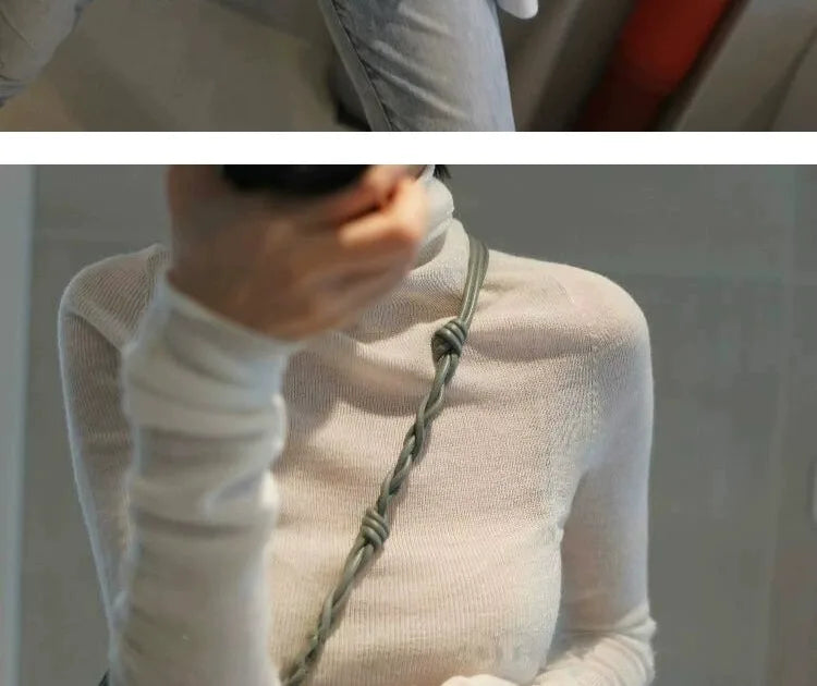 Novo suéter de caxemira feminino outono/inverno 2023, gola alta, suéter ultrafino de lã com pelo
