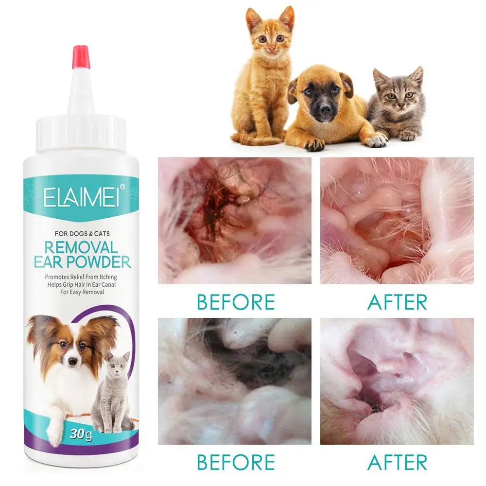 Pó para orelhas de cachorro 30g, pó para lavagem de orelhas, limpador seguro para cães, para orelhas saudáveis, remoção de odores, acessórios para animais de estimação, limpador de orelhas para coelhos e gatos