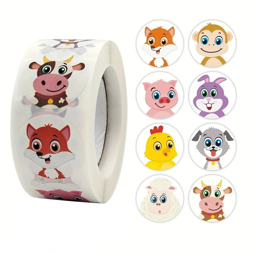 Adesivos de recompensa de animais de desenho animado com 500 peças/rolo, 2,5 cm/1,0 pol., decoração faça você mesmo, perfeitos para jogos de aprendizagem, bloco de notas, geladeira, etiquetas de selo de presente