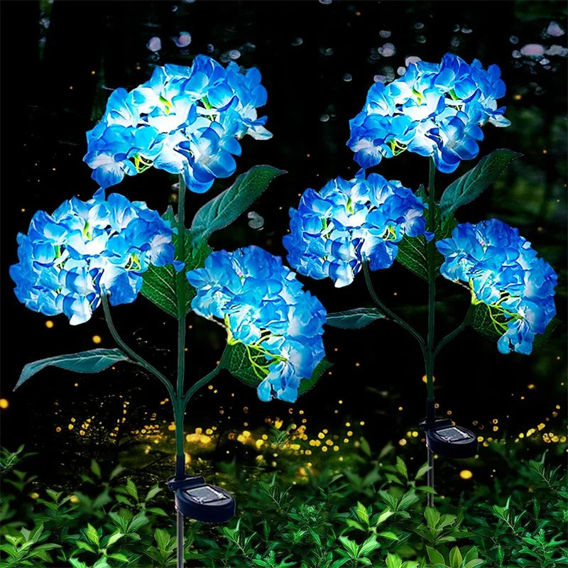Luzes solares para jardim externo, luz solar à prova d'água, com flores de hortênsia, luzes LED para paisagens com energia solar