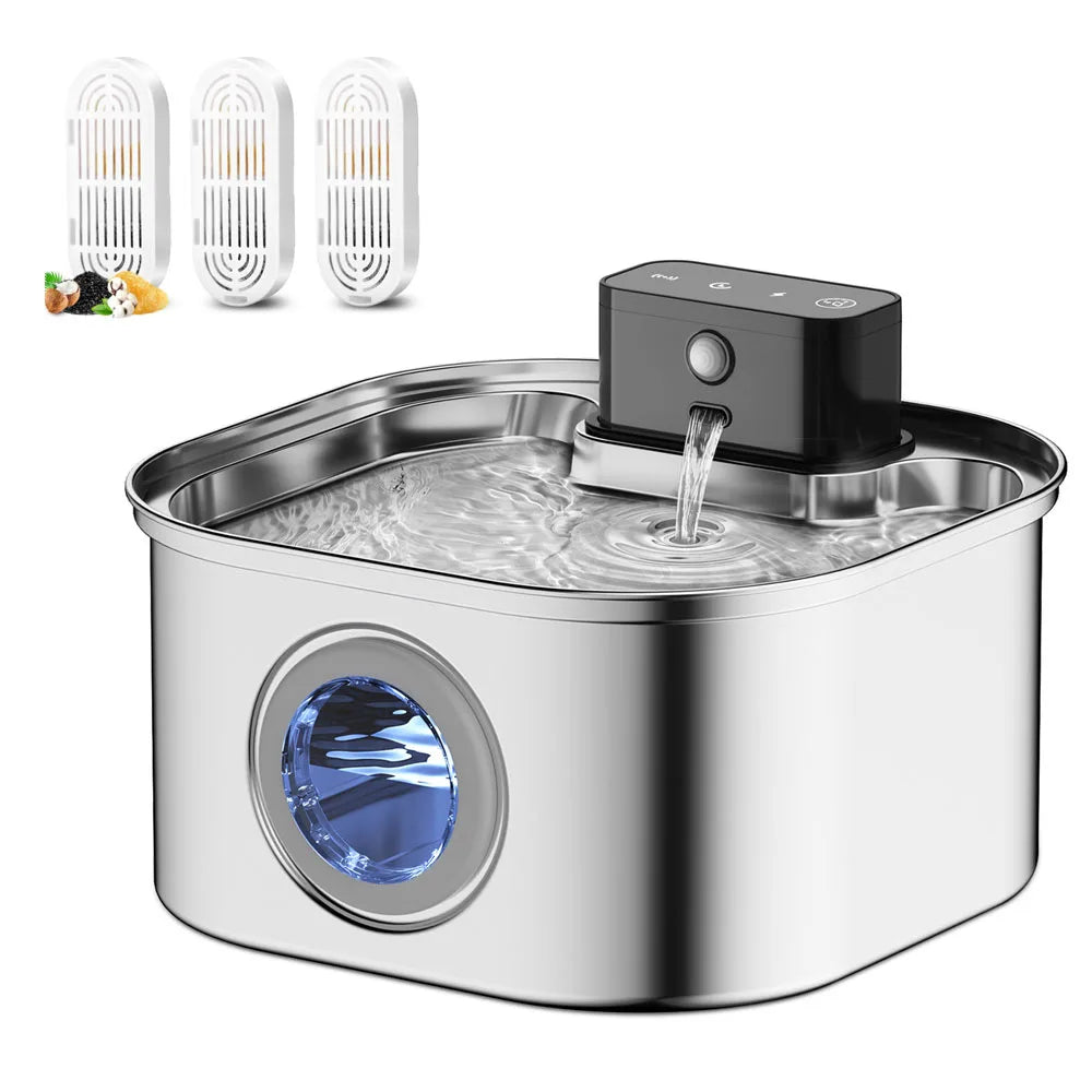 Fonte de água para cães e gatos de aço inoxidável 3.2L com filtro de ciclo de indução automático recarregável e tigela para animais de estimação