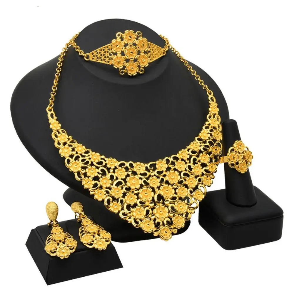 Conjunto de 4 joias indianas banhadas a ouro para noivas, colar/brincos/pulseira/anel, joias luxuosas banhadas a ouro de alta qualidade e duráveis