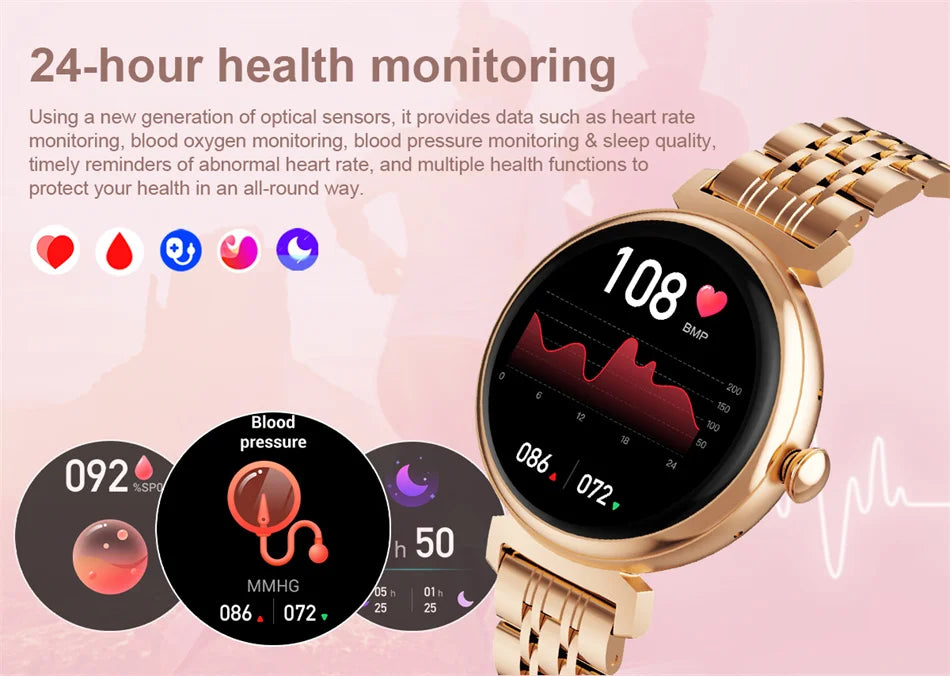 Relógio inteligente feminino moderno com tela AMOLED de 1,04 polegadas, tela sempre exibida, chamada Bluetooth, corpo de metal, tela pequena