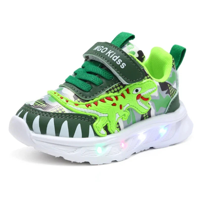 Tênis esportivos infantis novos de primavera com desenho de dinossauro e luz LED para meninos, sola macia, tênis casuais para crianças de 2 a 6 anos