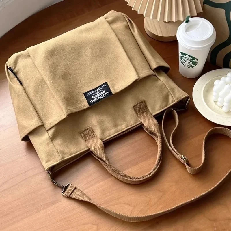Bolsa tote portátil urbana minimalista, grande capacidade, para estudantes, de lona horizontal, com um ombro, diagonal e transversal