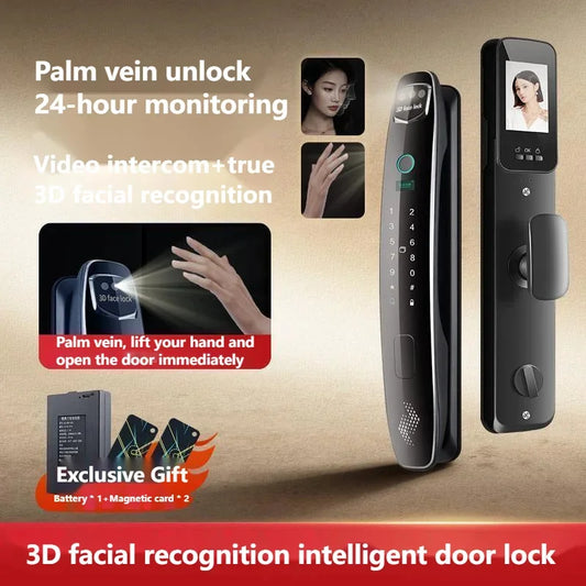 Fechadura de porta inteligente com reconhecimento facial 3D, fechadura totalmente automática, fechadura com senha, fechadura com impressão digital, interfone residencial, grafite, veia de palma