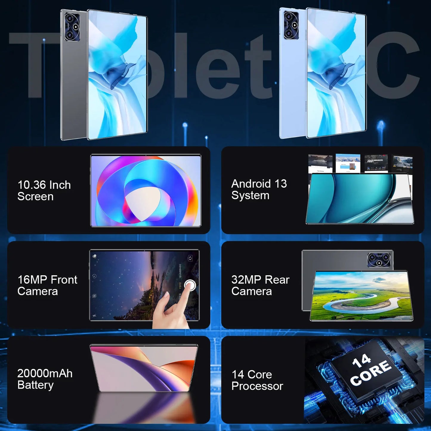 Tablet Android 2025, 20000mAh, 10,36 polegadas, versão global, 22 GB + 2 TB, nova rede, 14 núcleos, Android 13.0, Wi-Fi