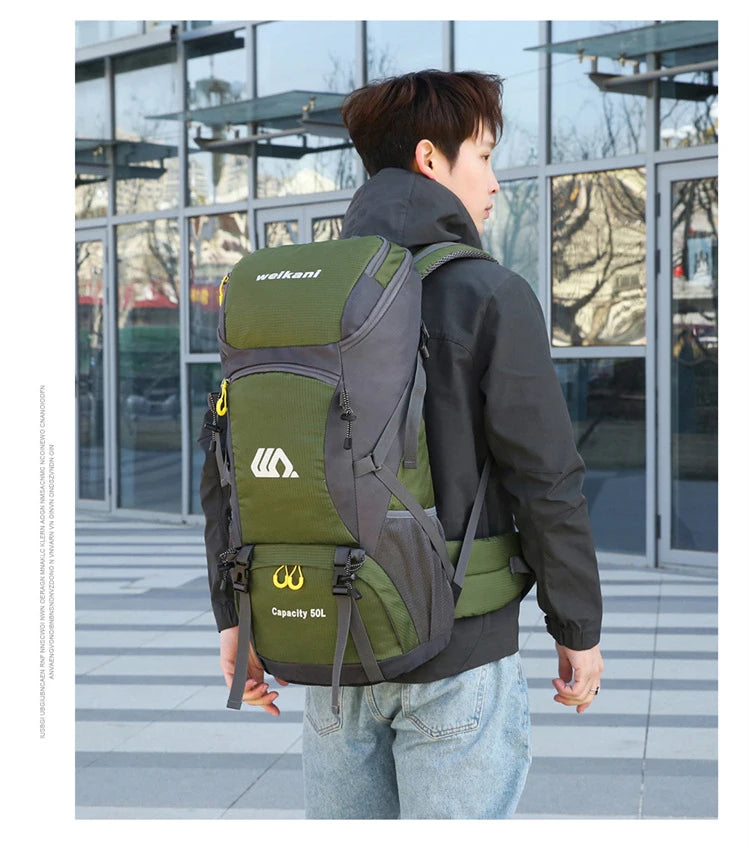 Mochila de viagem 50L para acampamento, bolsa grande para caminhada, mochila turística à prova d'água para esportes ao ar livre, escalada e montanhismo