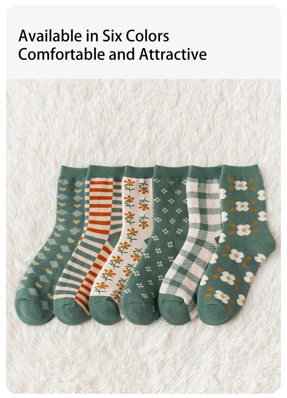 6 pares de meias femininas de outono e inverno com estampa de desenho animado, flor fofa, xadrez, listradas, estilo universitário, grossas e quentes, com laço