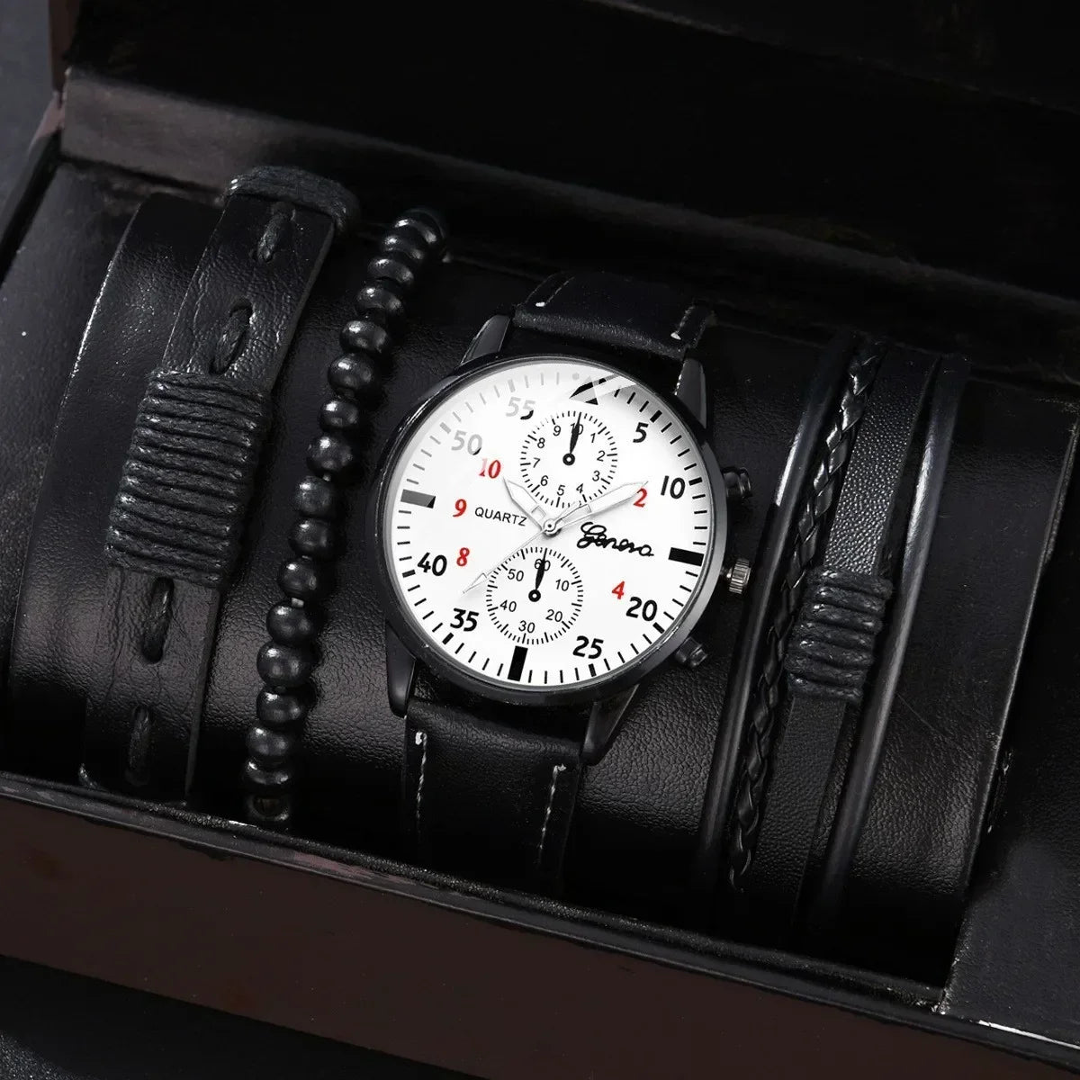 Conjunto de relógios esportivos masculinos 4/2/1 peças, relógio de pulso de quartzo luxuoso com pulseira de couro marrom, relógio casual masculino (sem caixa)