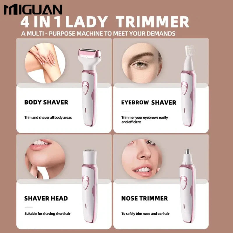 Depilador elétrico feminino 4 em 1/Conjunto de depilador elétrico multifuncional feminino/Aparador de biquíni feminino/Recarregável por USB