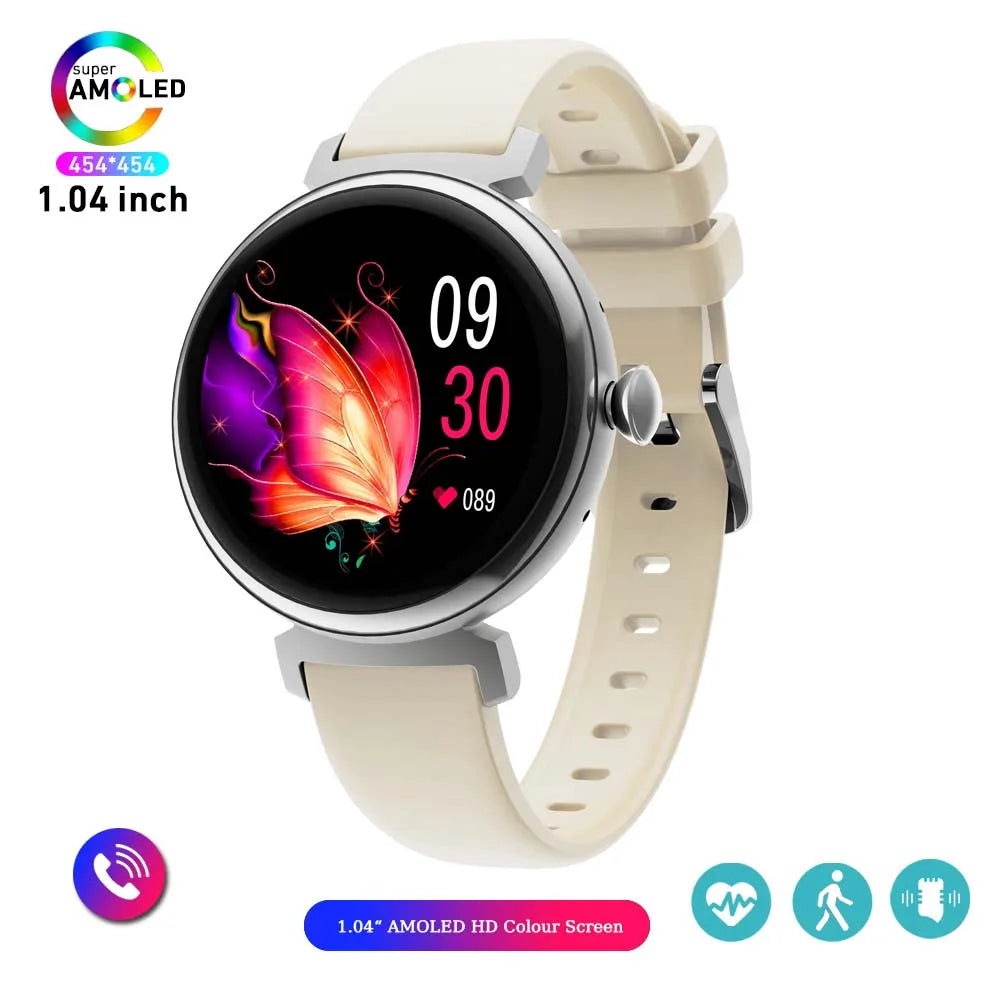 Relógio inteligente feminino moderno com tela AMOLED de 1,04 polegadas, tela sempre exibida, chamada Bluetooth, corpo de metal, tela pequena