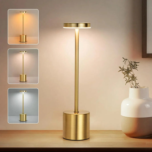 Luminária de mesa LED recarregável simples de metal com toque, três cores, para cabeceira, luz ambiente criativa, decoração externa, luz noturna