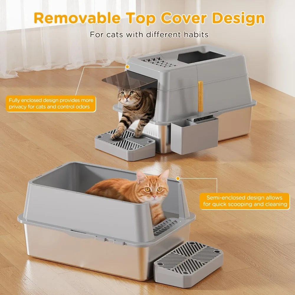 Caixa de areia de aço inoxidável com tampa, caixa de areia de metal fechada extra grande, design modular com tampa articulada, serve para todos os gatos, extra grande com tampa