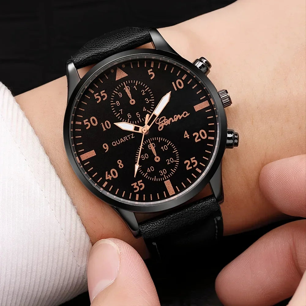 Conjunto de relógios esportivos masculinos 4/2/1 peças, relógio de pulso de quartzo luxuoso com pulseira de couro marrom, relógio casual masculino (sem caixa)