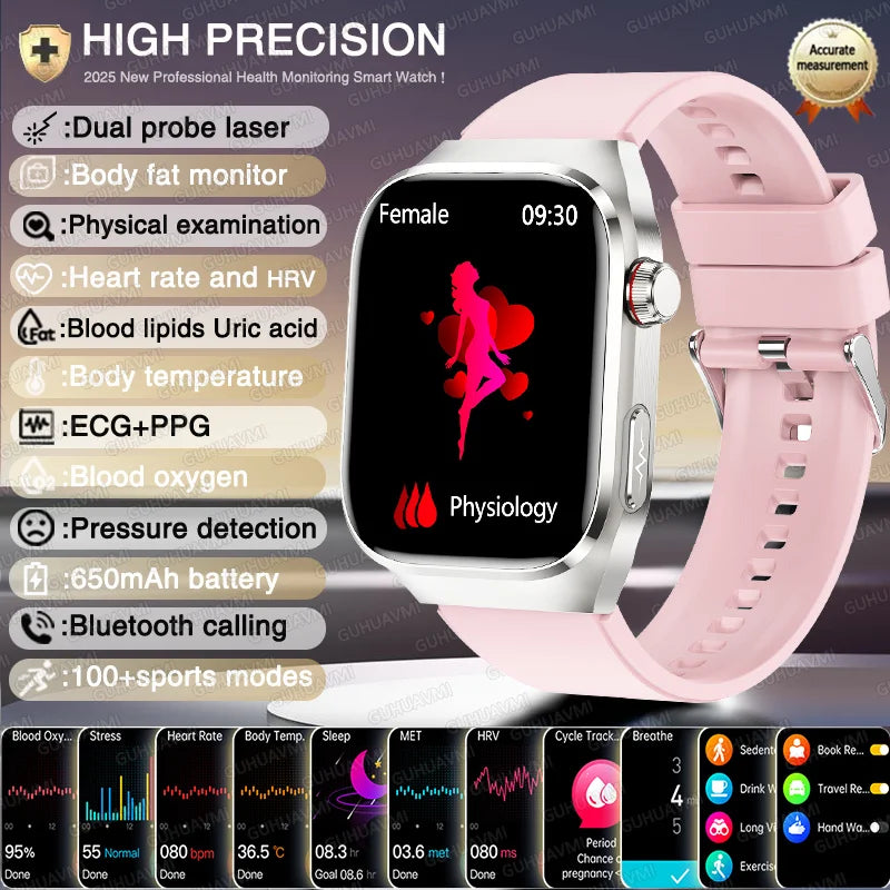 Novo relógio inteligente para Android e iOS, monitor de saúde, masculino e feminino, com precisão de ECG e PPG para ácido úrico e pressão arterial, análise de órgãos e corpo, 2025