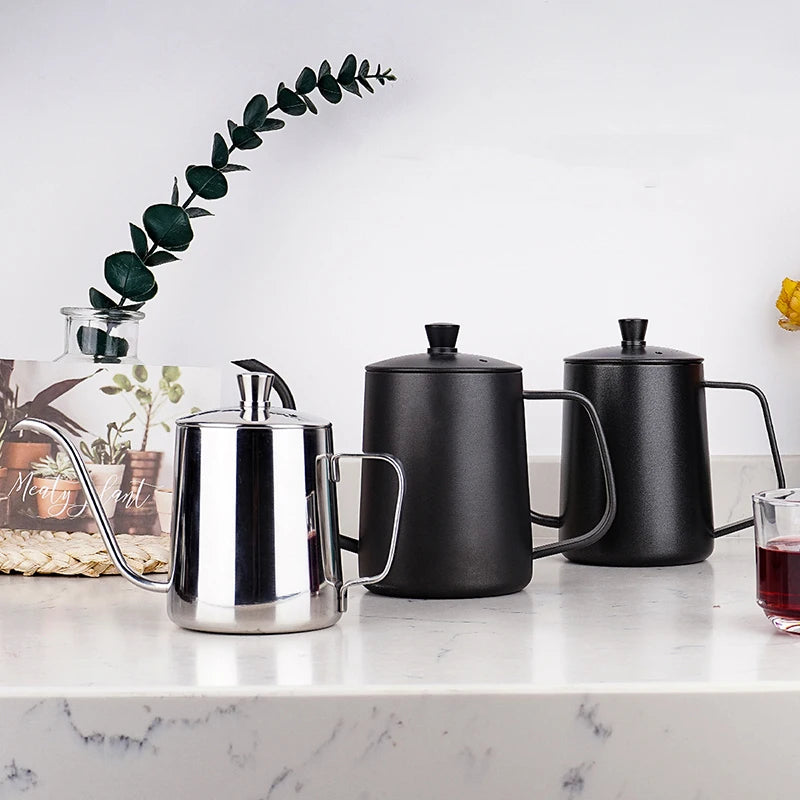 Chaleira de gotejamento de 350ml e 600ml, bule de café e chá, revestimento antiaderente, aço inoxidável de qualidade alimentar, chaleira de gotejamento com pescoço de cisne, boca fina