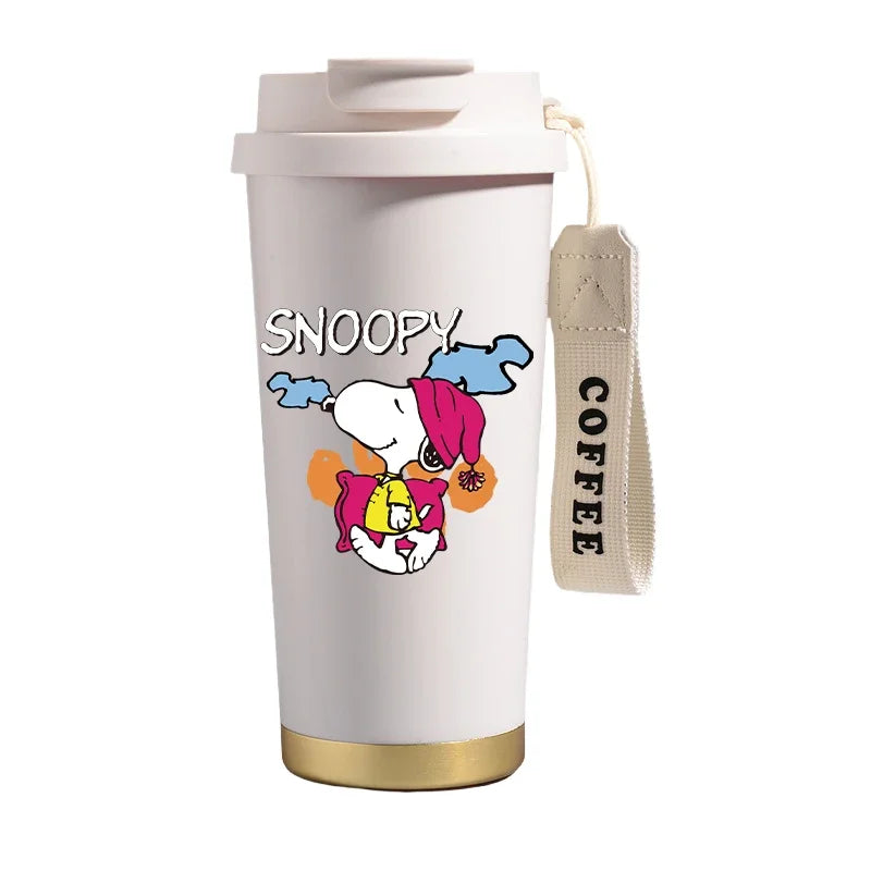 Garrafa térmica de aço inoxidável Snoopys 500ml, anime Kawaii, portátil, viagem, ar livre, carro, chá, café, caneca térmica fria