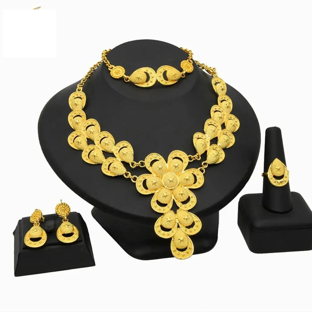 Conjunto de 4 joias indianas banhadas a ouro para noivas, colar/brincos/pulseira/anel, joias luxuosas banhadas a ouro de alta qualidade e duráveis