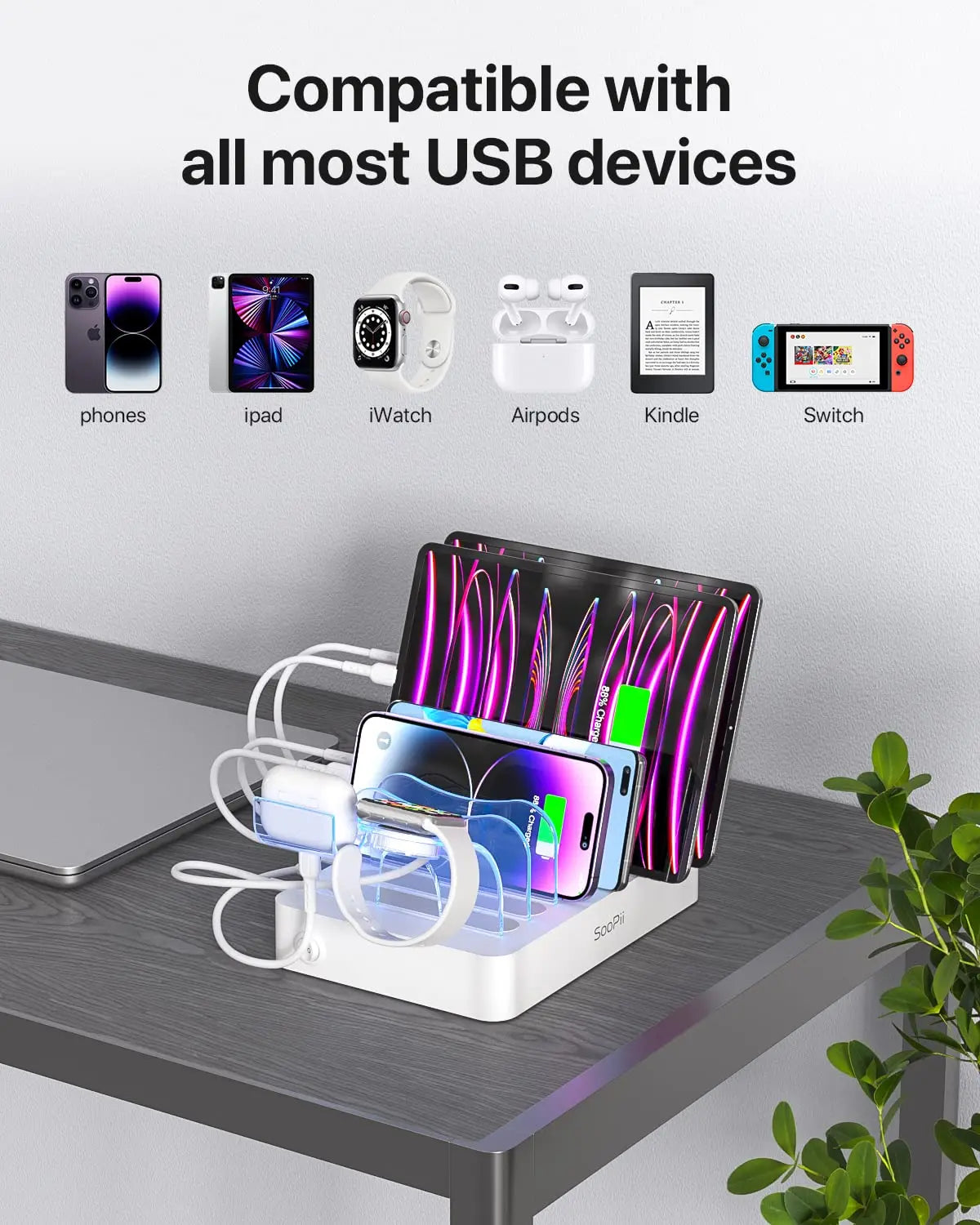 Estação de carregamento USB SooPii 50W/10A com 6 portas para casa e escritório. 6 cabos incluídos para telefones, tablets e outros eletrônicos.