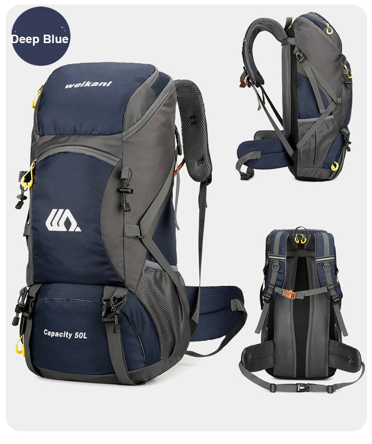 Mochila de viagem 50L para acampamento, bolsa grande para caminhada, mochila turística à prova d'água para esportes ao ar livre, escalada e montanhismo