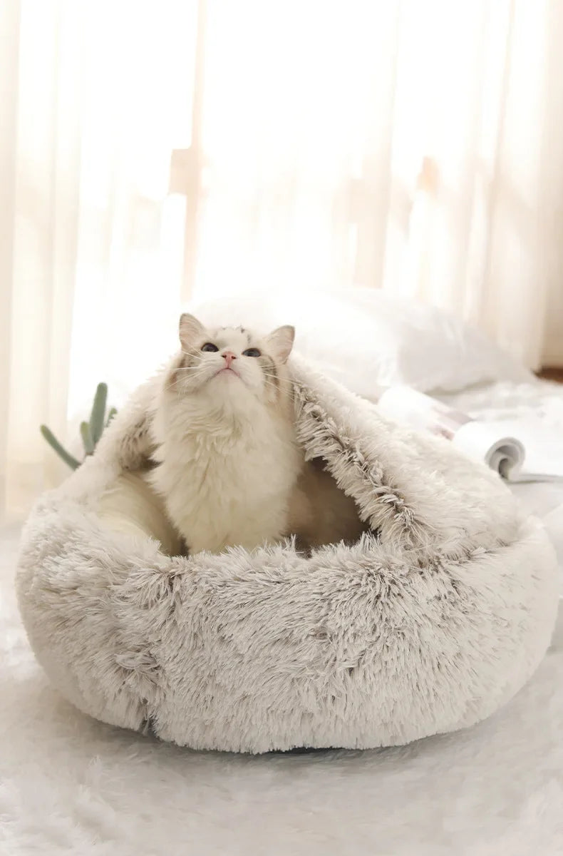 Cama de pelúcia longa e macia para animais de estimação, fechada, redonda, almofada para gatos, confortável, saco de dormir, ninho para gatos, canil para pequenos animais de estimação