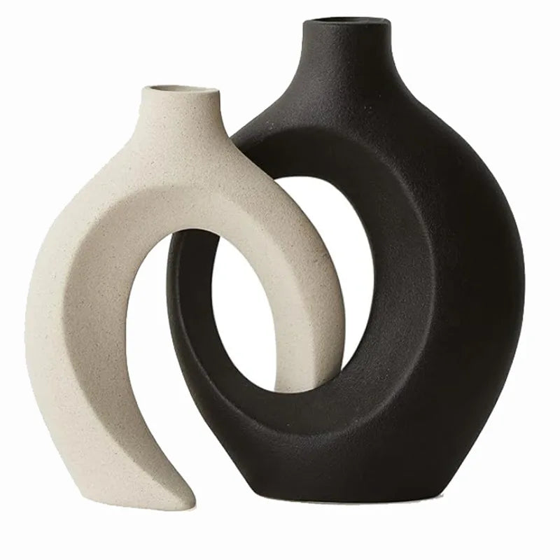Vaso de cerâmica vazado, 2 para decoração moderna de casa, vaso estilo donut boho, vaso decorativo minimalista preto e branco