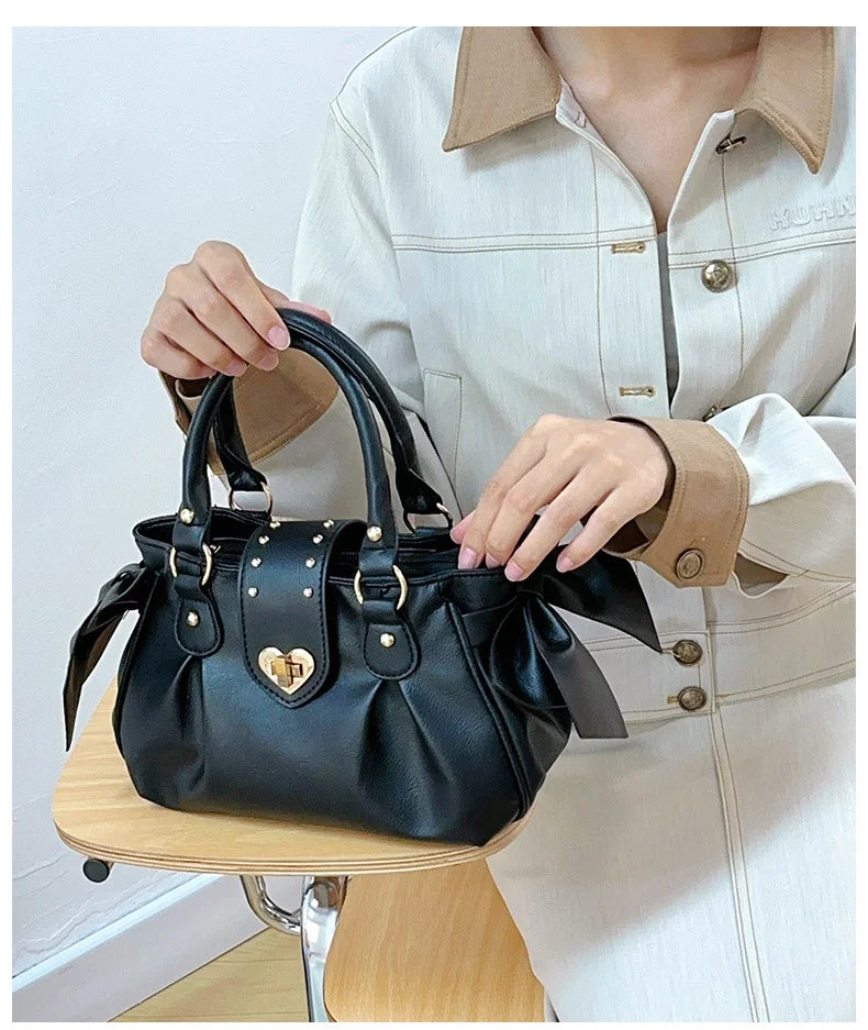 Bolsa de mão rosa com laço doce Lolita, bolsa feminina Harajuku Love Heart, bolsa transversal macia, bolsa de ombro feminina Kawaii de grande capacidade