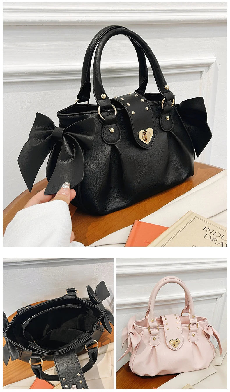 Bolsa de mão rosa com laço doce Lolita, bolsa feminina Harajuku Love Heart, bolsa transversal macia, bolsa de ombro feminina Kawaii de grande capacidade