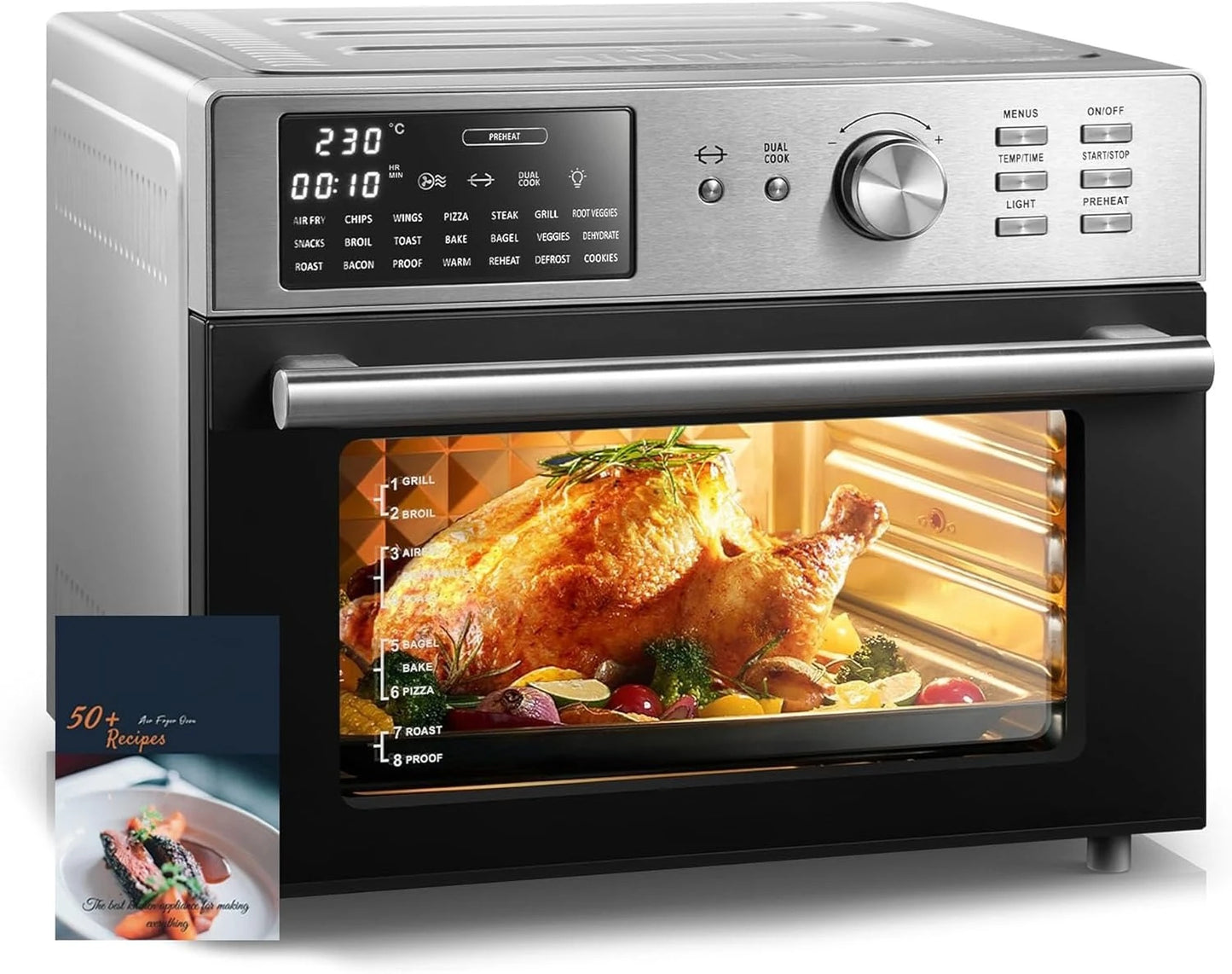 Combinação de forno e torradeira com fritadeira a ar extra grande de 32 QT, forno e torradeira de convecção de bancada 21 em 1 com espeto giratório e desidratador