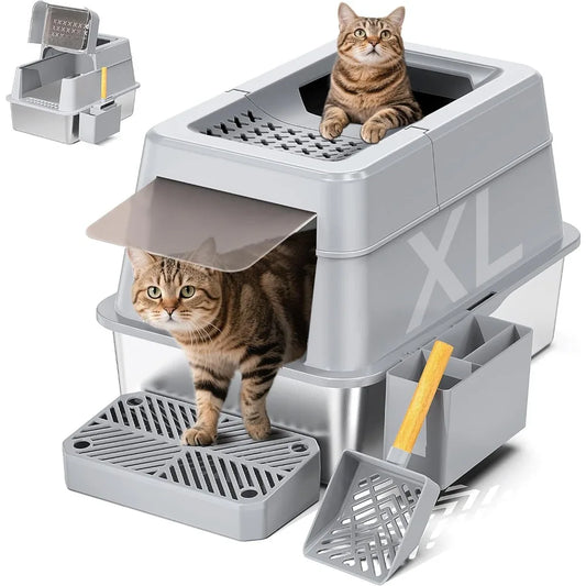 Caixa de areia de aço inoxidável com tampa, caixa de areia de metal fechada extra grande, design modular com tampa articulada, serve para todos os gatos, extra grande com tampa