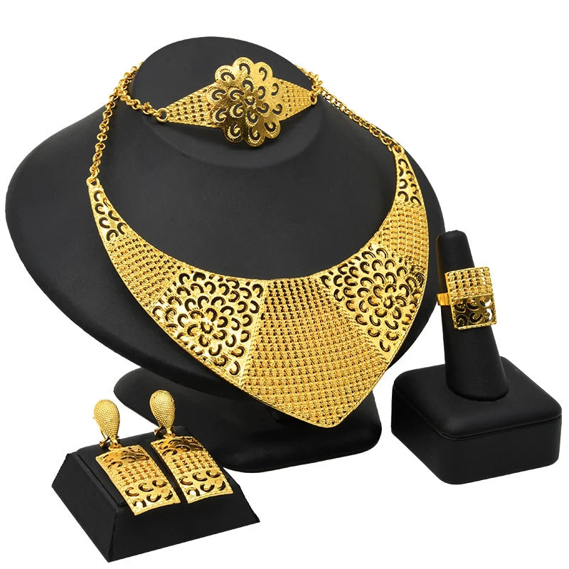 Conjunto de 4 peças banhadas a ouro para noivas, colar, brincos, anel, pulseiras, joias indianas femininas