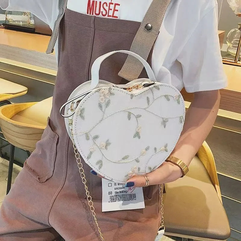 1 peça nova bolsa feminina da moda em couro sintético bolsa de ombro feminina renda pêssego coração bolsa transversal criativa bolsas em formato de coração